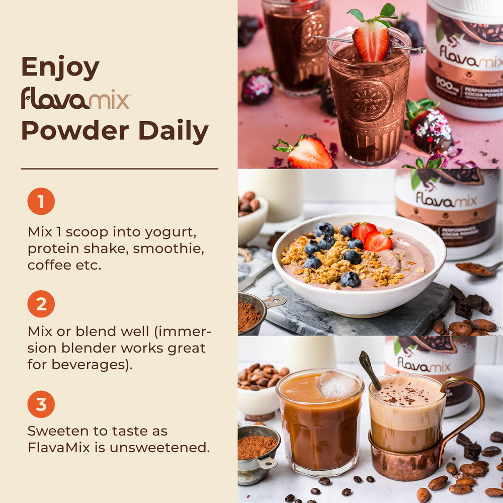 Shake glass featuring FlavaMix performance cocoa powder ready to blend