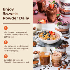 Shake glass featuring FlavaMix performance cocoa powder ready to blend