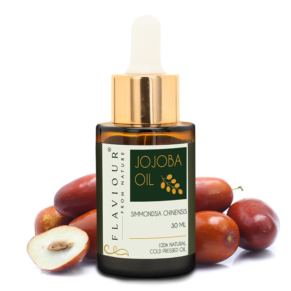 Flaviour Golden Jojoba Oil bottle showcasing pure cold-pressed formula for hydration