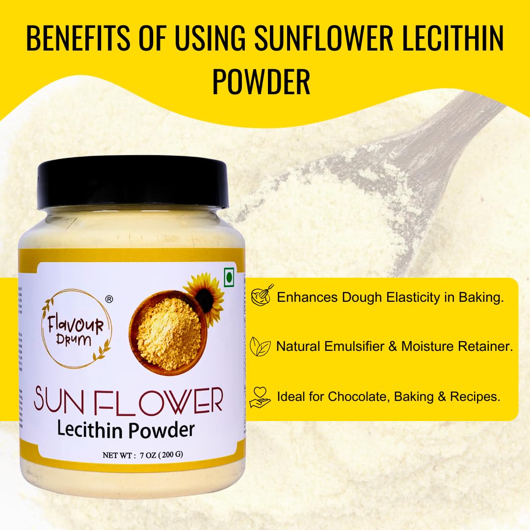 Closeup of Flavour Drum lecithin powder bag highlights premium soy-free emulsifier for smooth textures