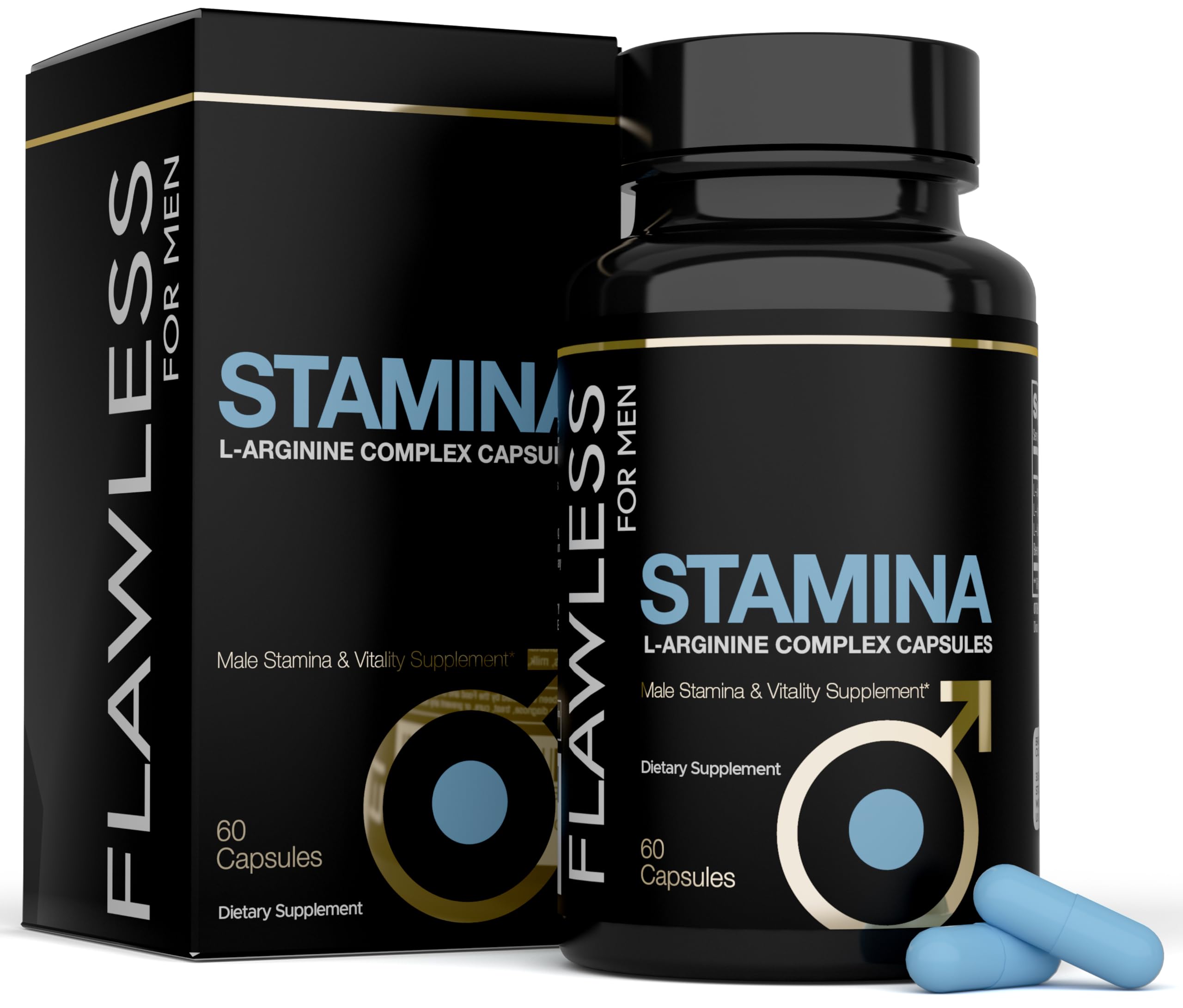 Flawless for Men Stamina bottle front view highlighting sleek packaging and vitality
