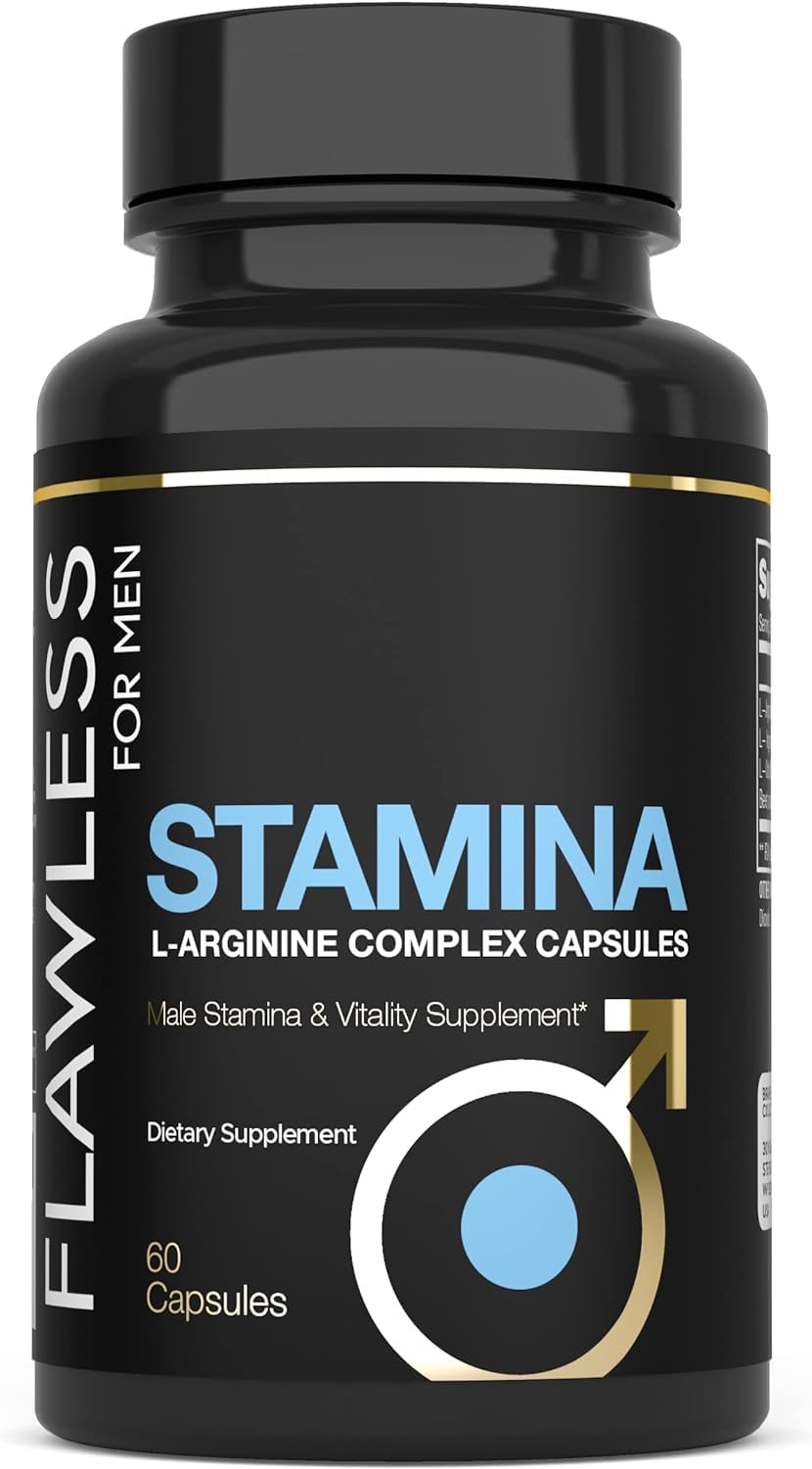 Flawless for Men Stamina bottle side emphasizes portable daily supplement