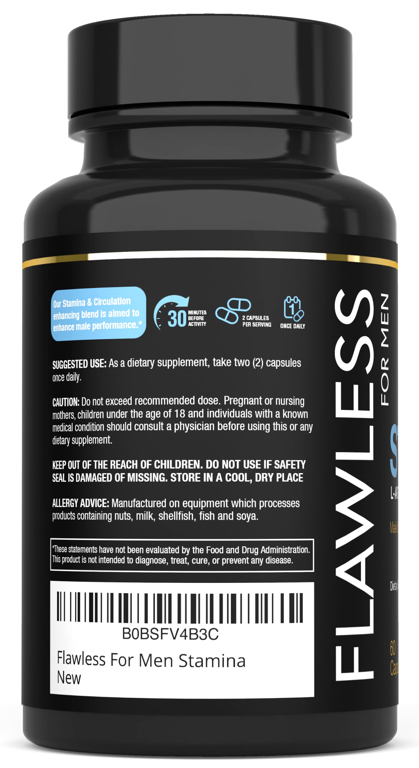 Flawless for Men Stamina label closeup shows key ingredients and dosage cues