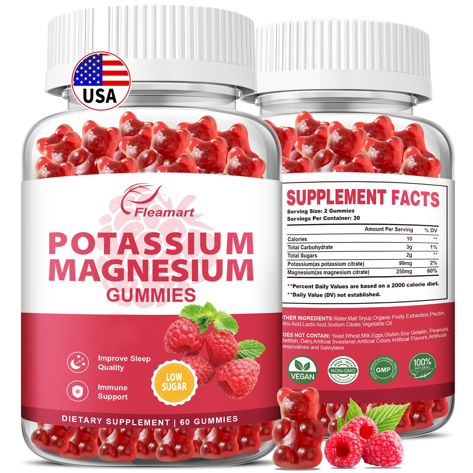 Fleamart potassium magnesium gummies raspberry front view for daily wellness