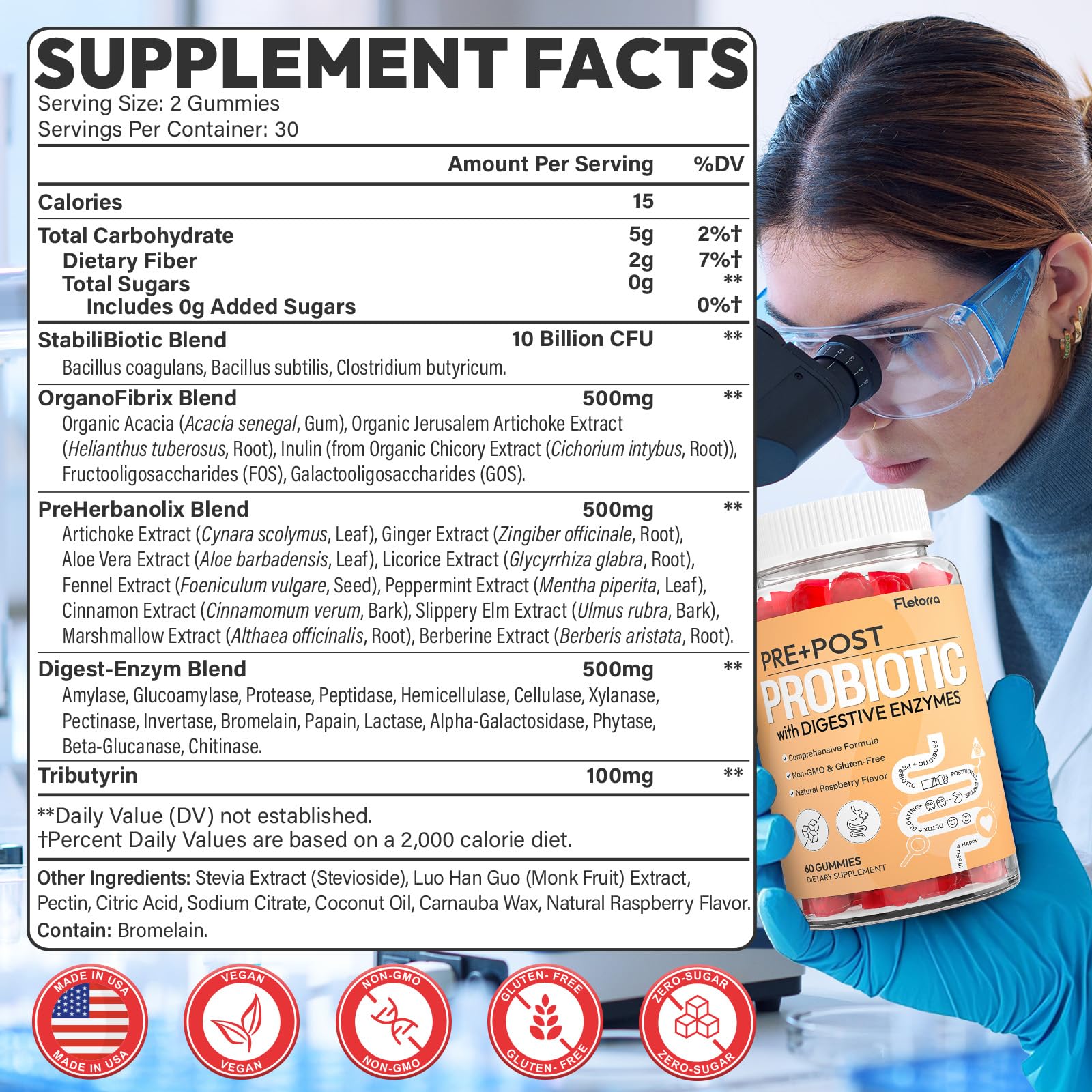 Fletorra Probiotics Gummies pack shot with 60 gummies for convenient daily use