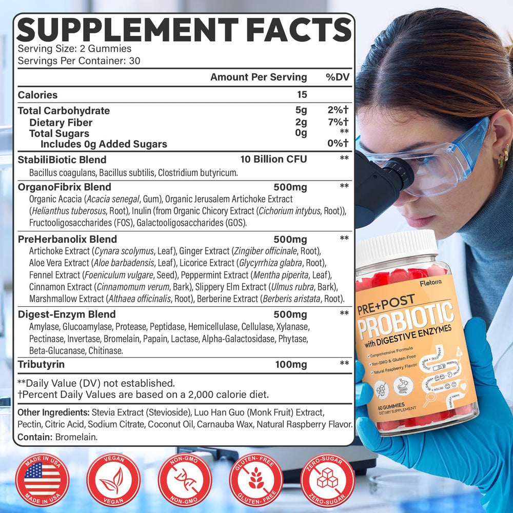 Fletorra Probiotics Gummies pack shot with 60 gummies for convenient daily use