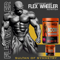 Flex Wheeler Nutrition Boom Pre Workout blue raspberry drink, ready for a workout ritual.