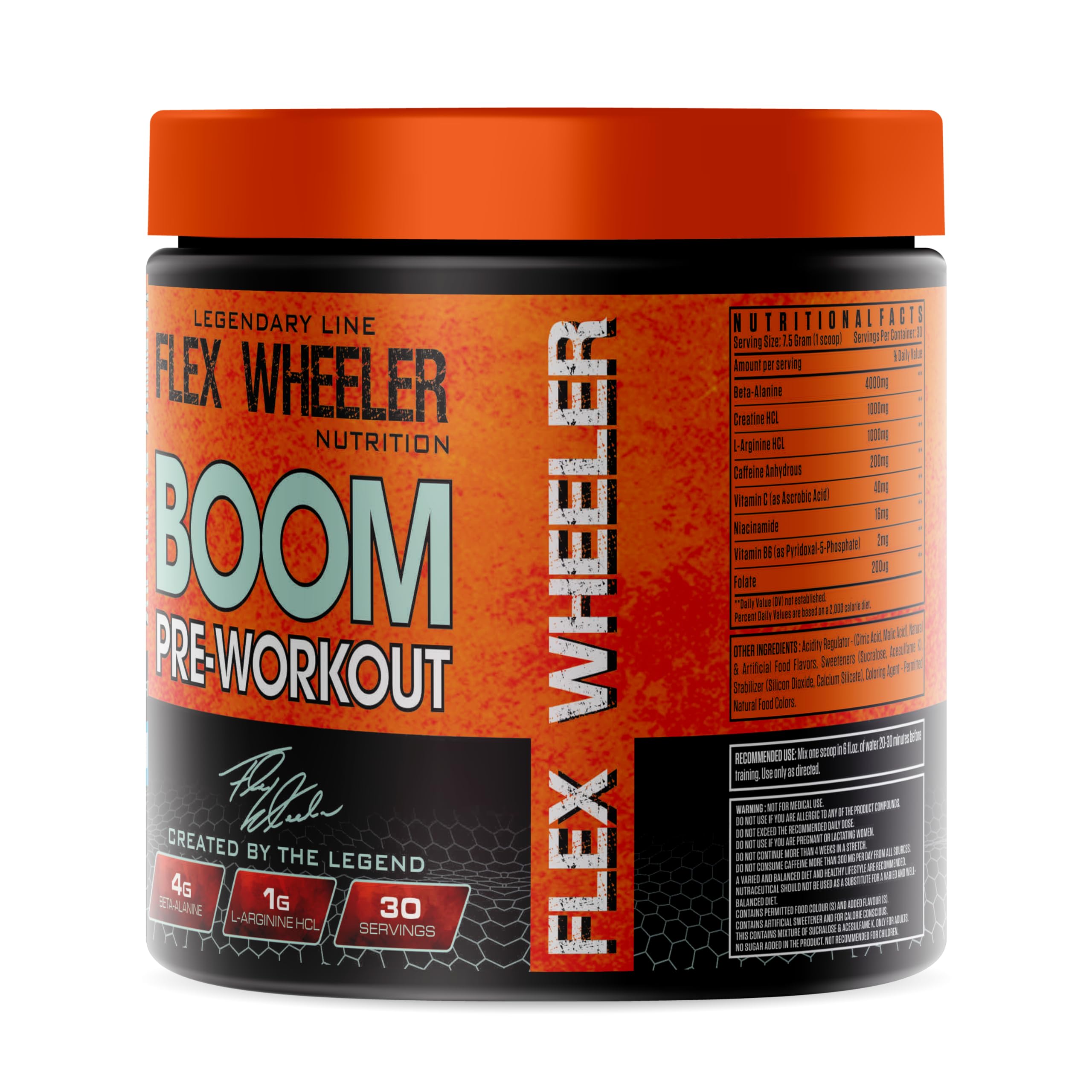 Flex Wheeler Nutrition Boom Pre Workout serving scoop showing a precise dose for workouts.