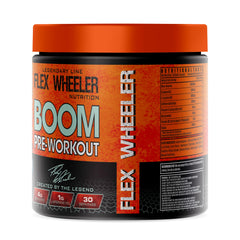 Flex Wheeler Nutrition Boom Pre Workout serving scoop showing a precise dose for workouts.