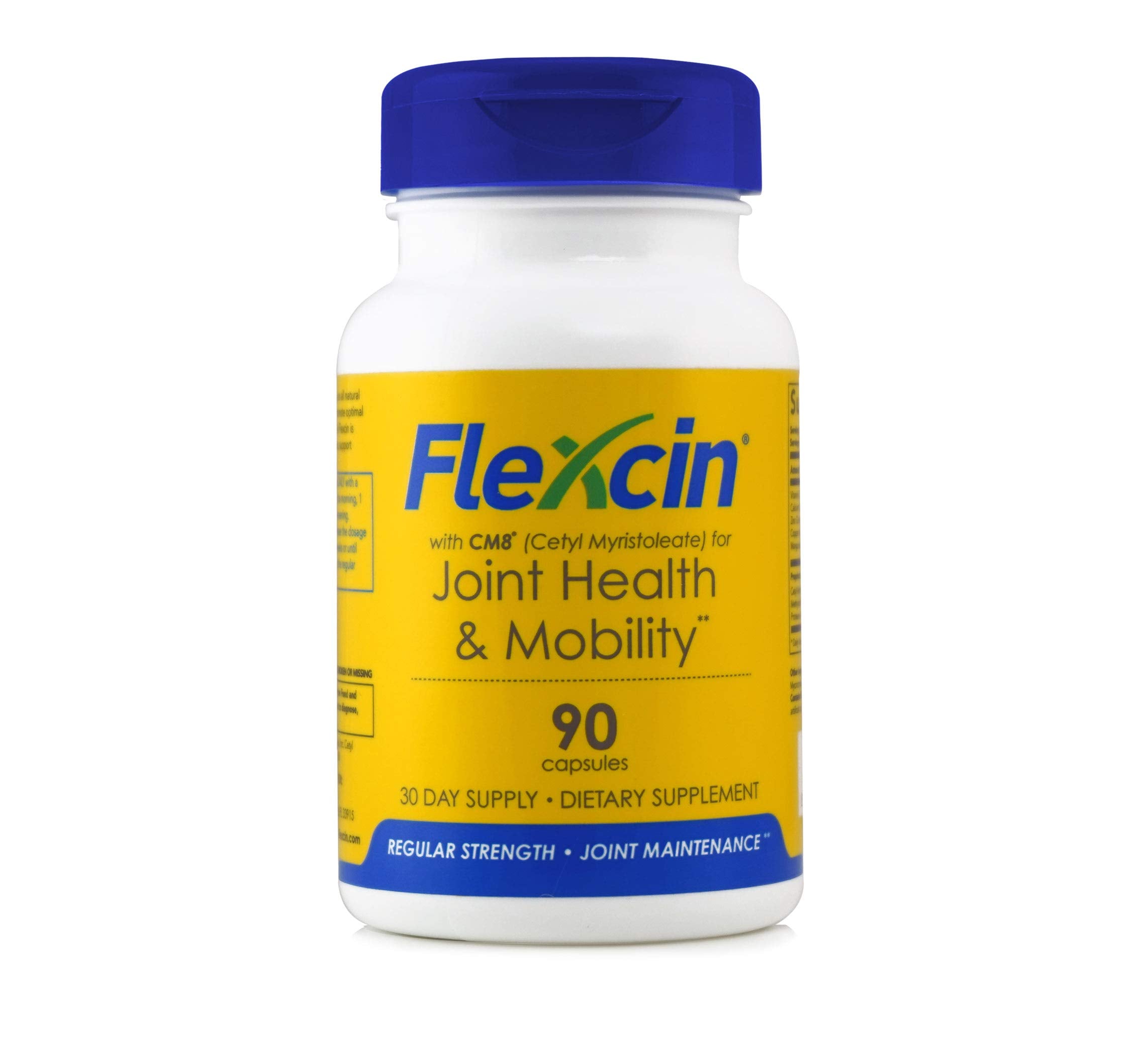 Flexcin capsules pack shows glucosamine, MSM, and collagen ingredients.