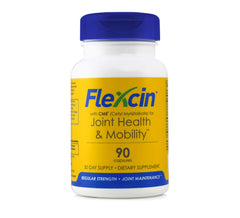 Flexcin capsules pack shows glucosamine, MSM, and collagen ingredients.