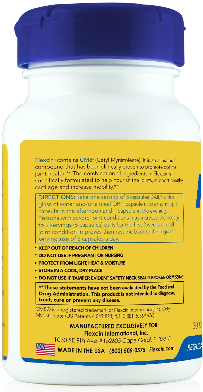 Flexcin natural ingredients show peppermint and bromelain for joint comfort.