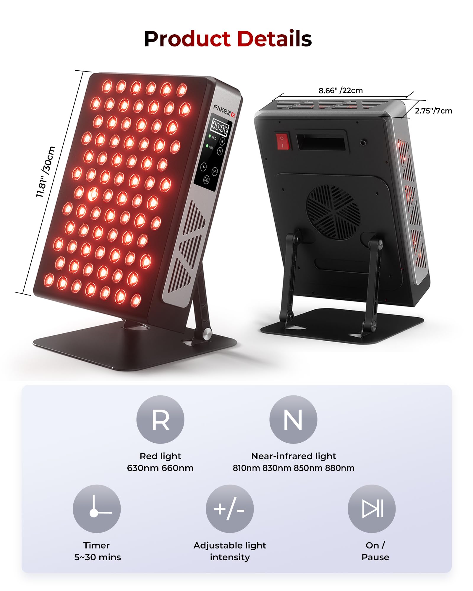FliKEZE red light panel side view highlighting 180° adjustable stand