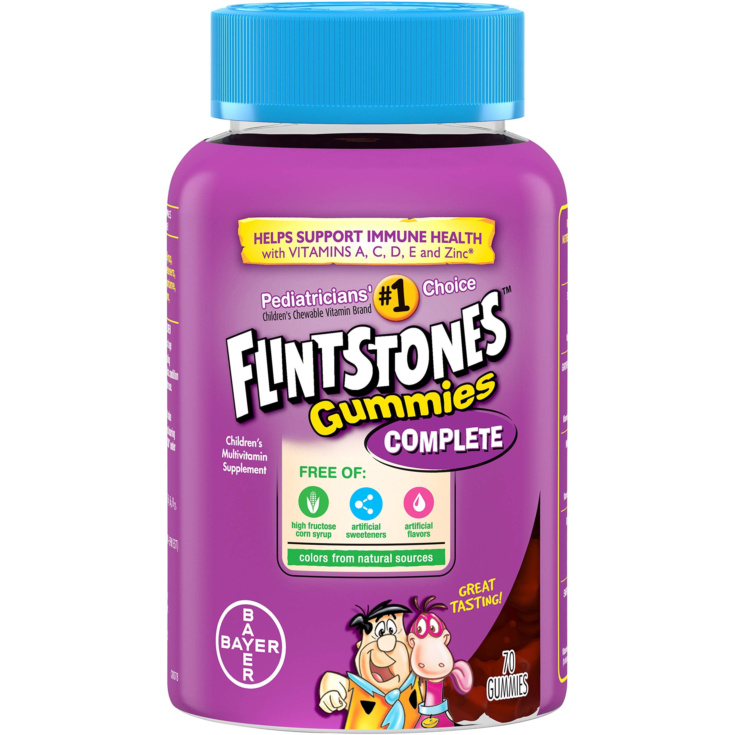 Flintstones Complete Gummies bottle-side view highlights easy-to-chew texture for growing children