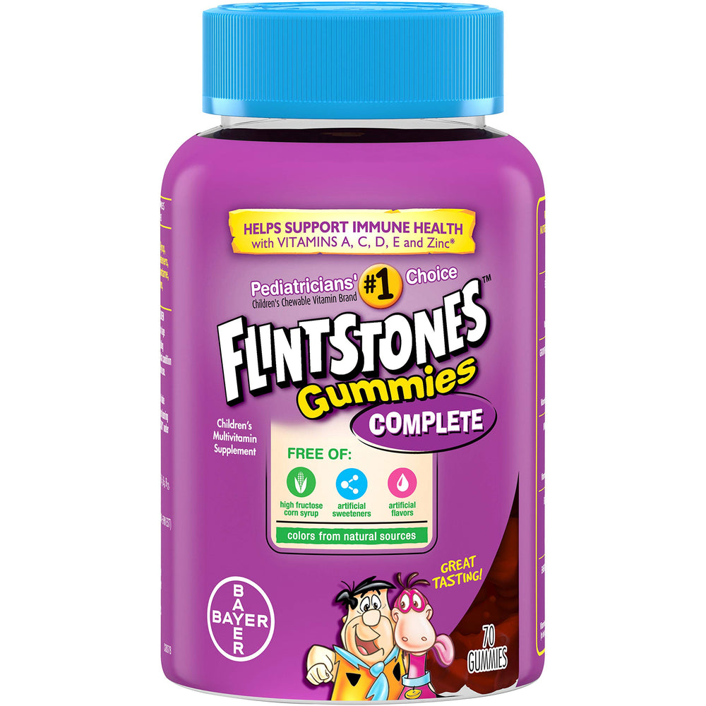 Flintstones Complete Gummies bottle-side view highlights easy-to-chew texture for growing children