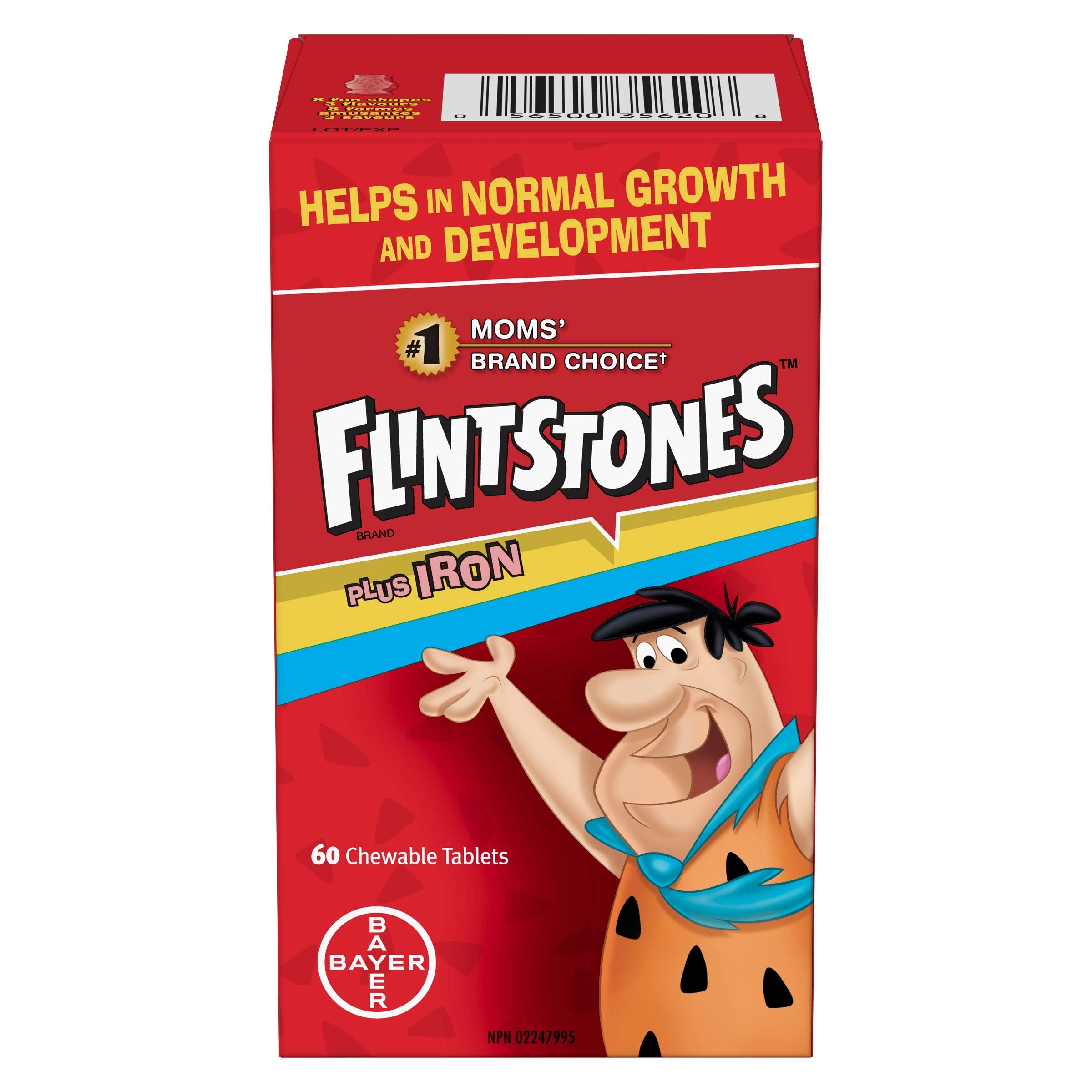Flintstones Plus Iron chewable bottle front shows kid-friendly multivitamin branding for daily supplementation.