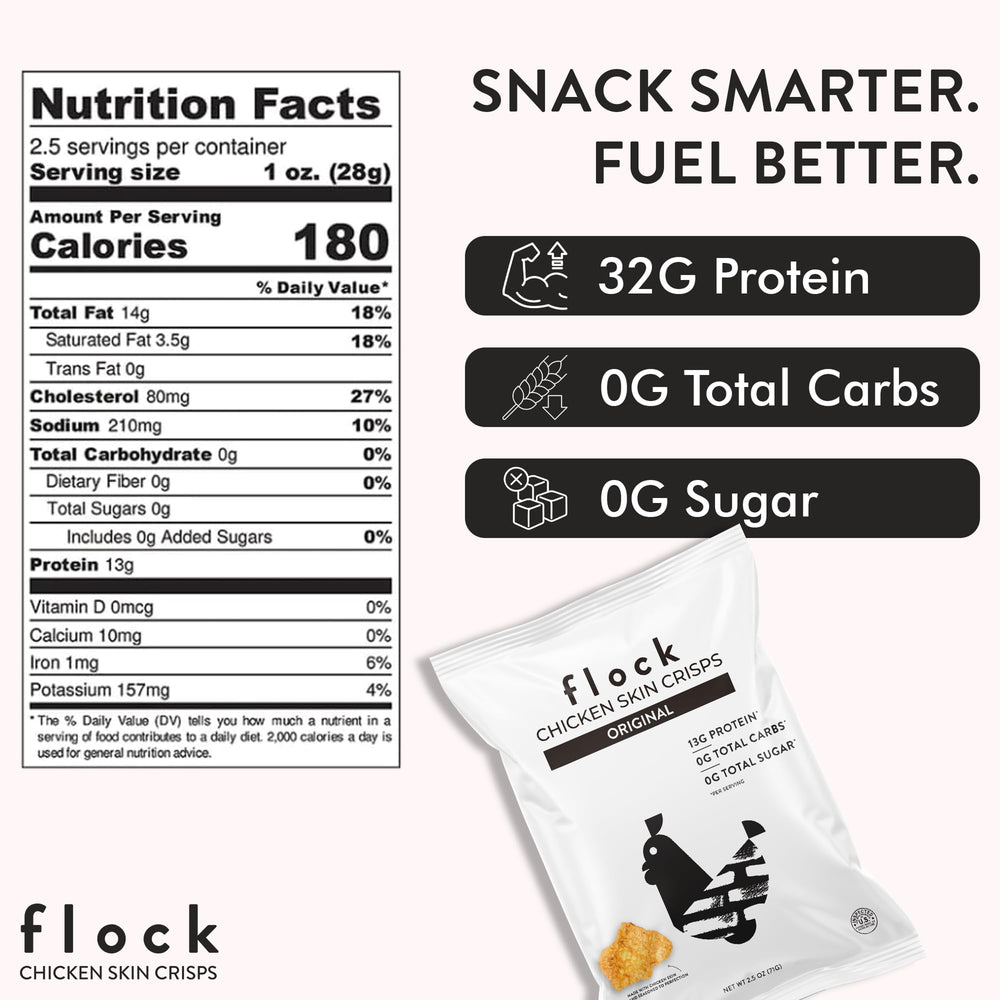 Flock chicken skin chip crisp closeup: savory crunch ideal as protein boost.