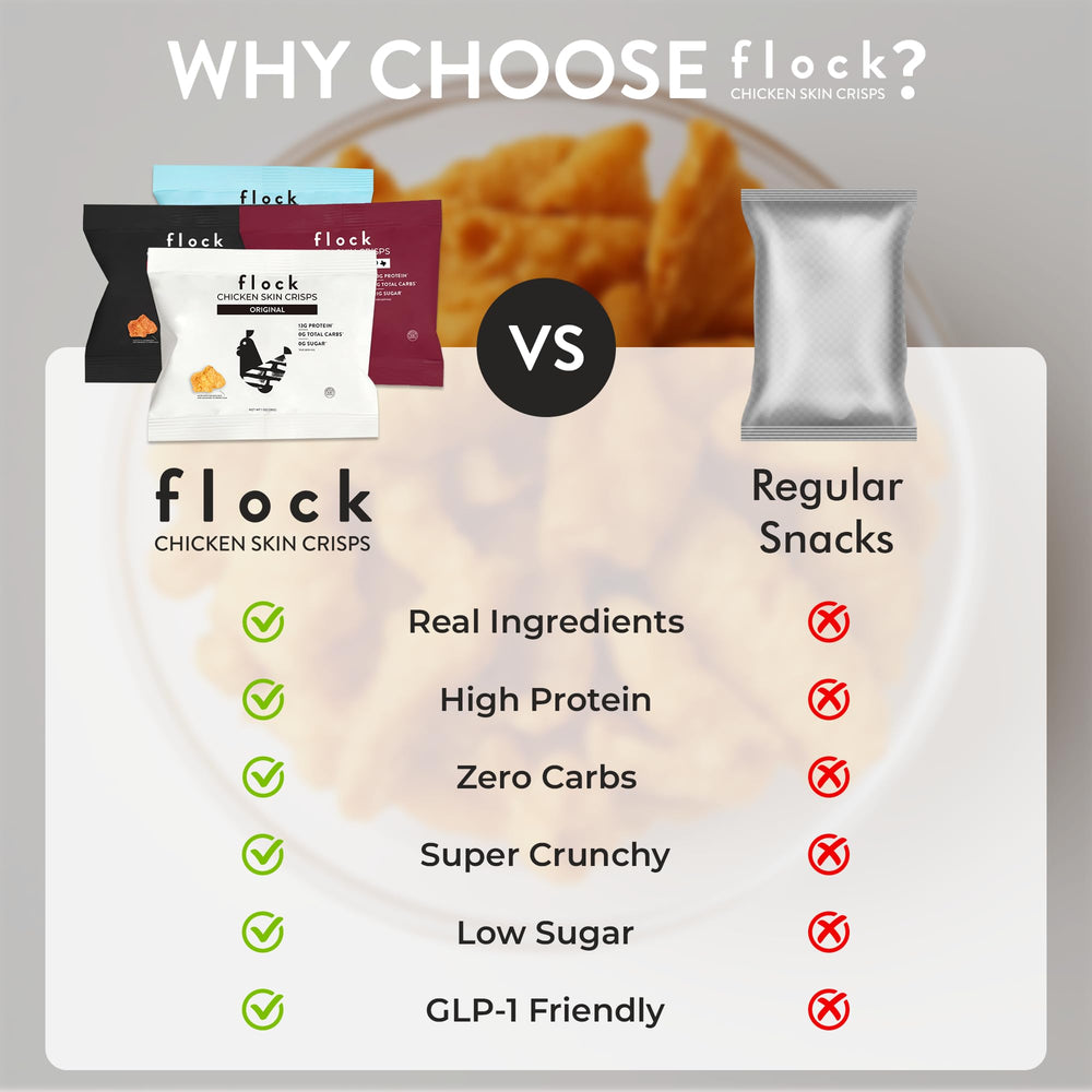flock keto chicken skin chips close-up crisp texture invites quick protein snack