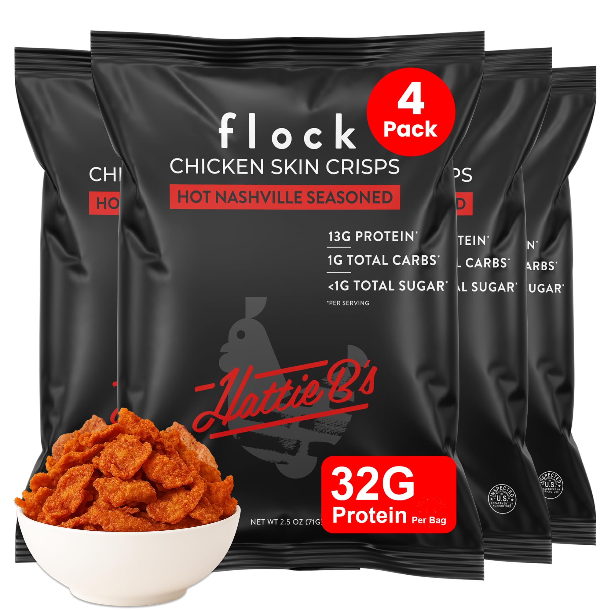 Flock Keto Chicken Skin Chips Hattie Bs Nashville Hot packaging for on-the-go keto snacking.