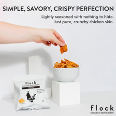Flock Chicken Skin Chips Original label with simple ingredients for keto snacking.