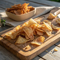 Flock chicken skin chips ingredients label image emphasizes simple, 100% real chicken with minimal seasoning.