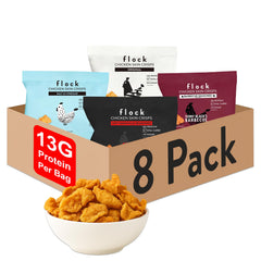 flock keto chicken skin chips original bag highlights crisp texture and high-protein snacking
