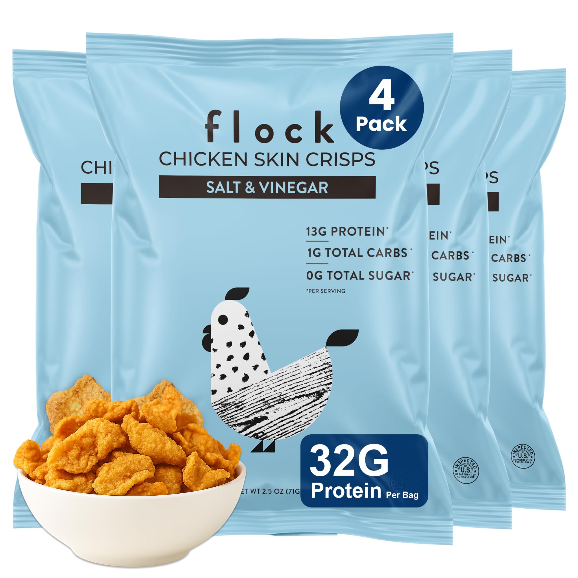 Flock Keto Chicken Skin Chips Salt & Vinegar bag close-up, a high-protein keto snack option.
