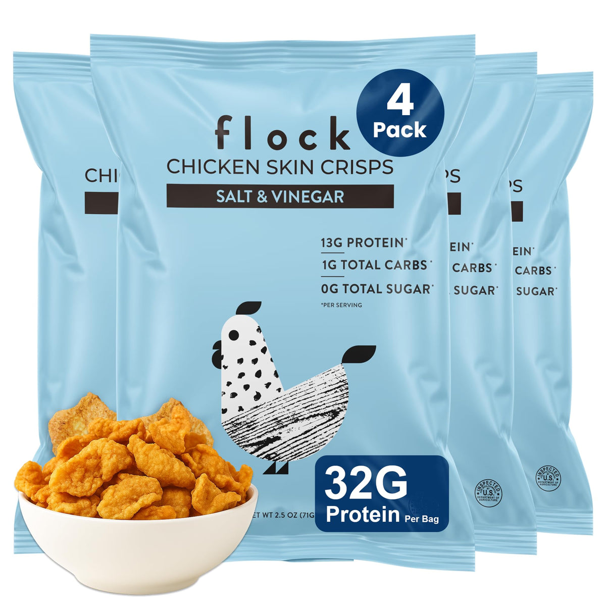 Flock Keto Chicken Skin Chips Salt & Vinegar bag close-up, a high-protein keto snack option.