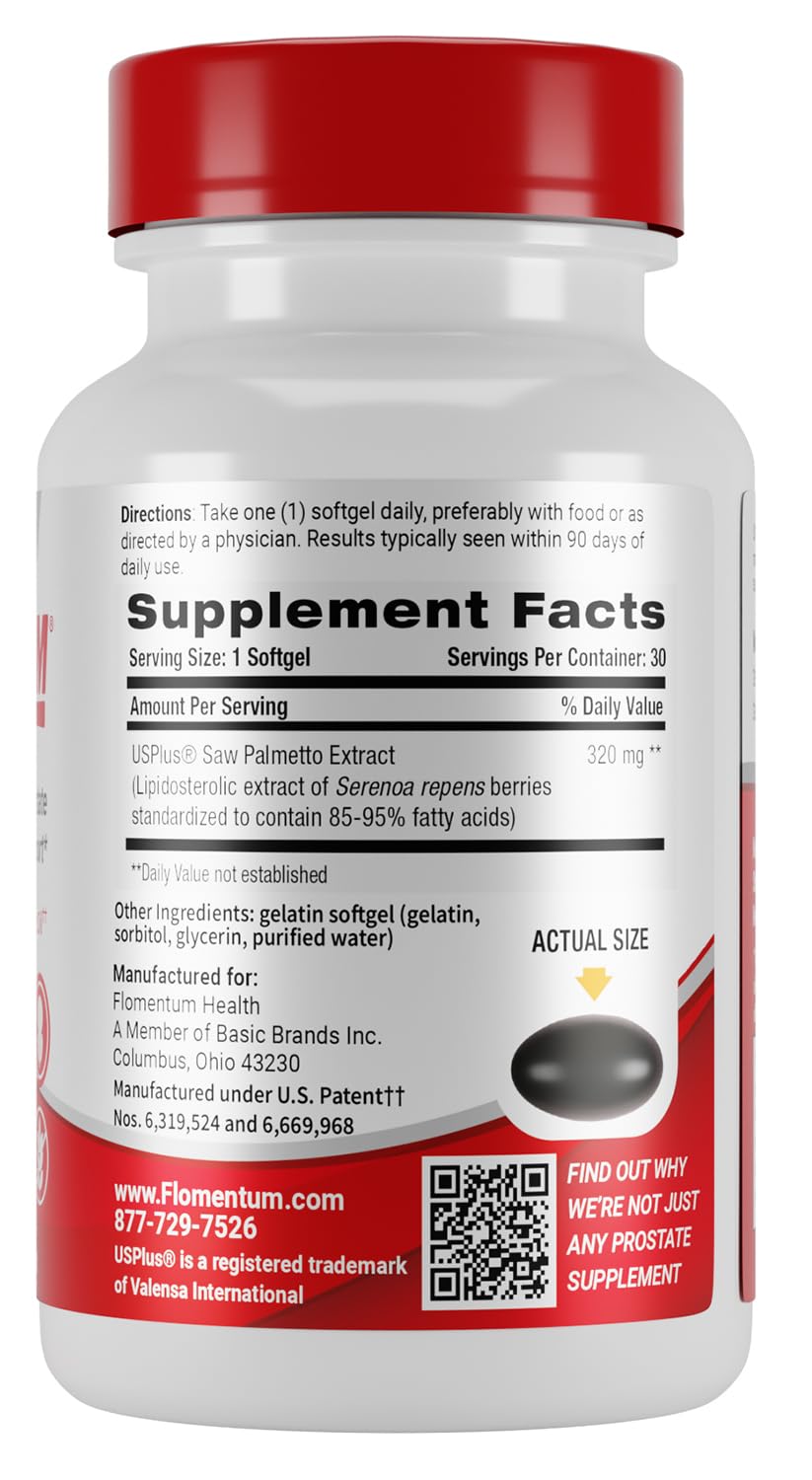 Flomentum Saw Palmetto softgel close-up highlighting 320 mg potency for men’s health.