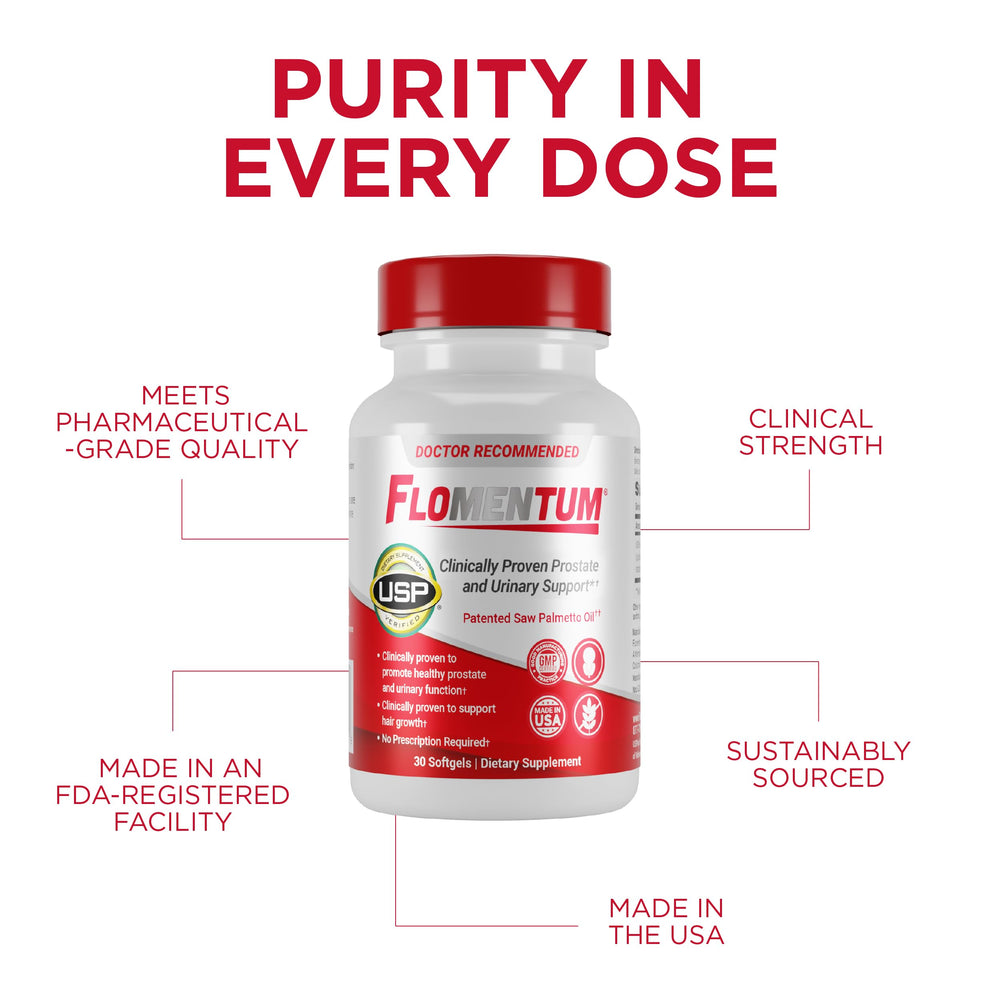 Flomentum USP-verified seal emphasizing purity and potency for trusted prostate support.