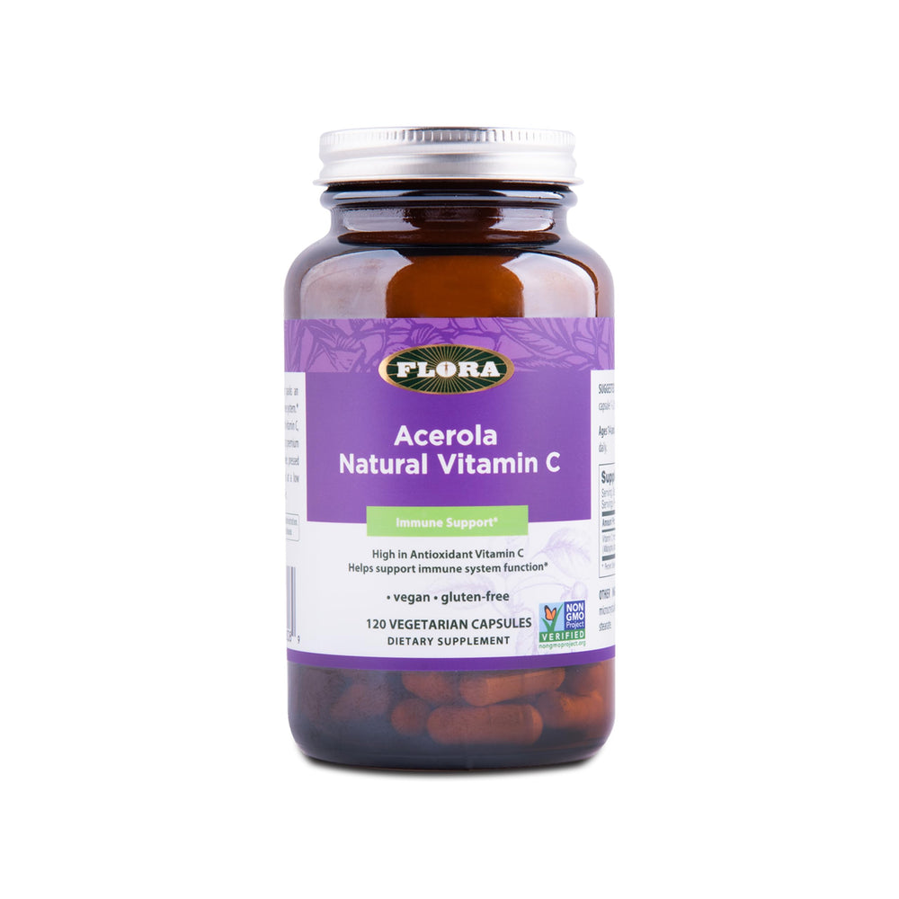 Flora Acerola Natural Vitamin C bottle with vegan, gluten-free formula for daily immune support