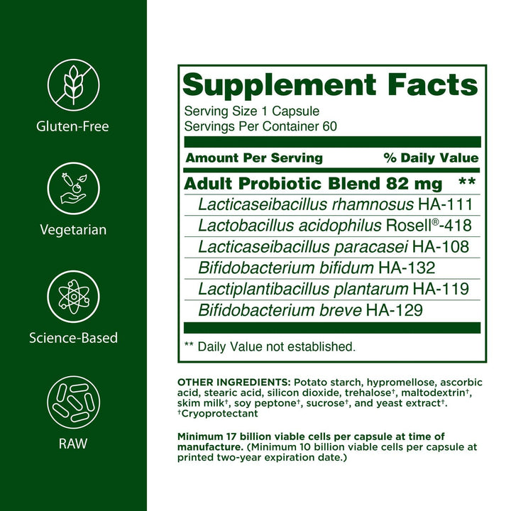 Flora Adults Probiotic capsules close-up with 17B CFU per capsule aiding digestion.