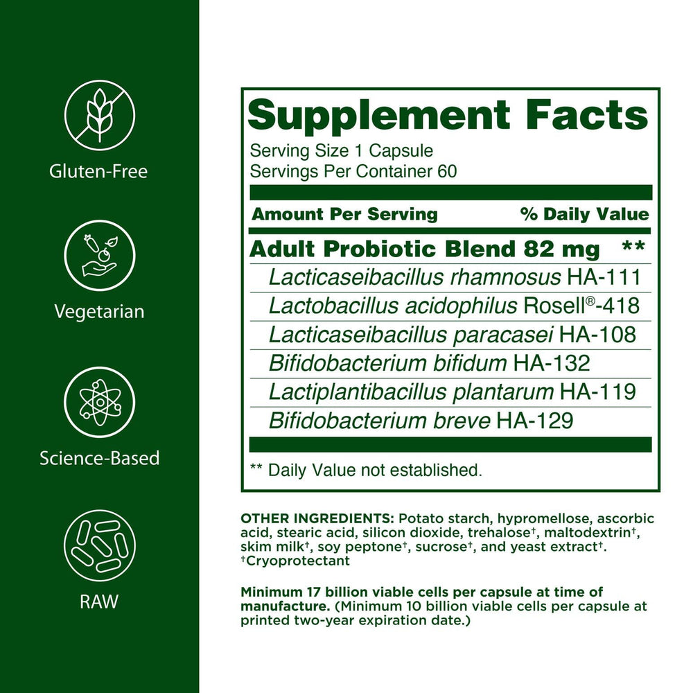 Flora Adults Probiotic capsules close-up with 17B CFU per capsule aiding digestion.