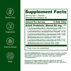 Flora Adults Probiotic capsules close-up with 17B CFU per capsule aiding digestion.