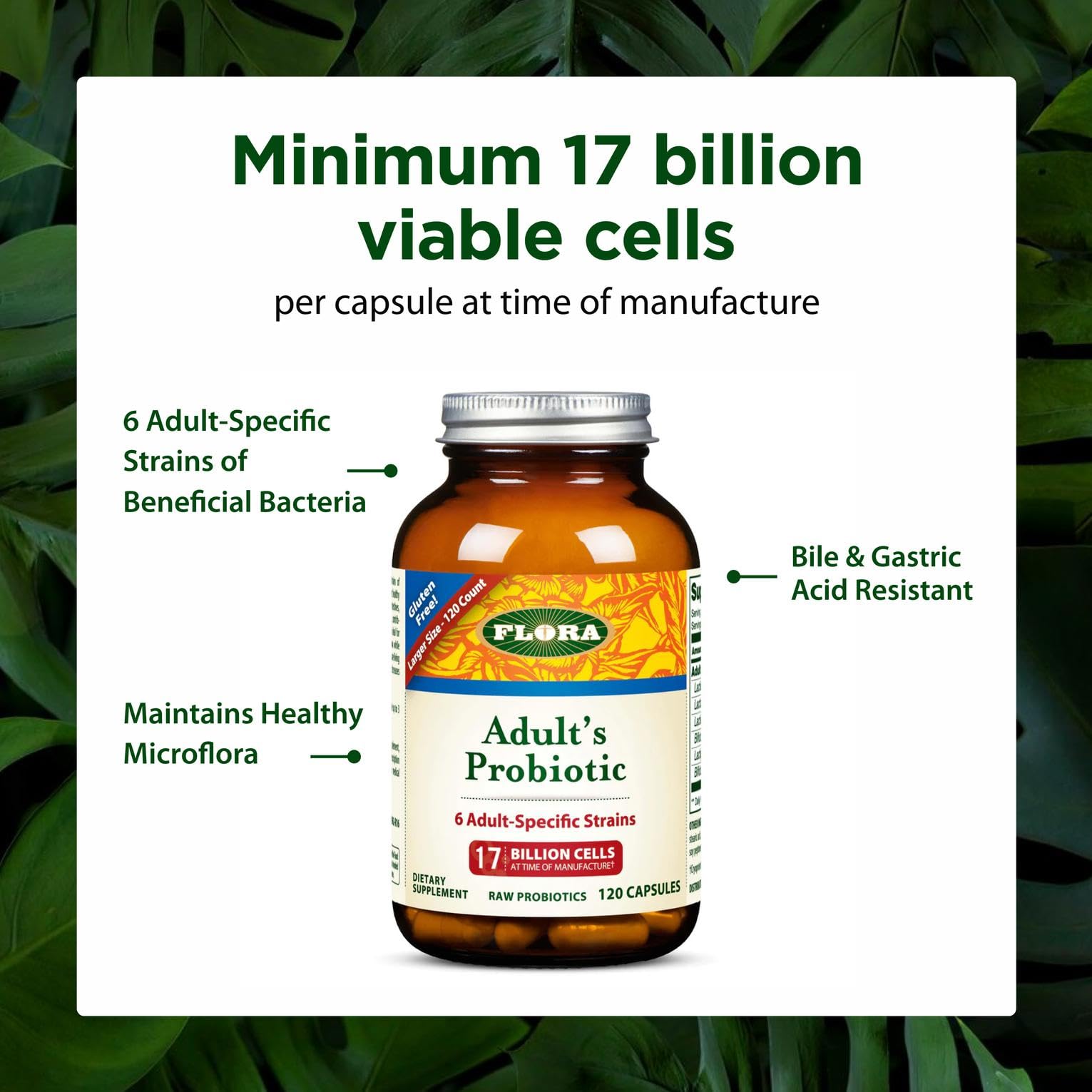Flora Adults Probiotic gluten-free badge signals gluten-free suitability.