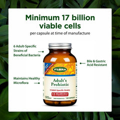 Flora Adults Probiotic gluten-free badge signals gluten-free suitability.