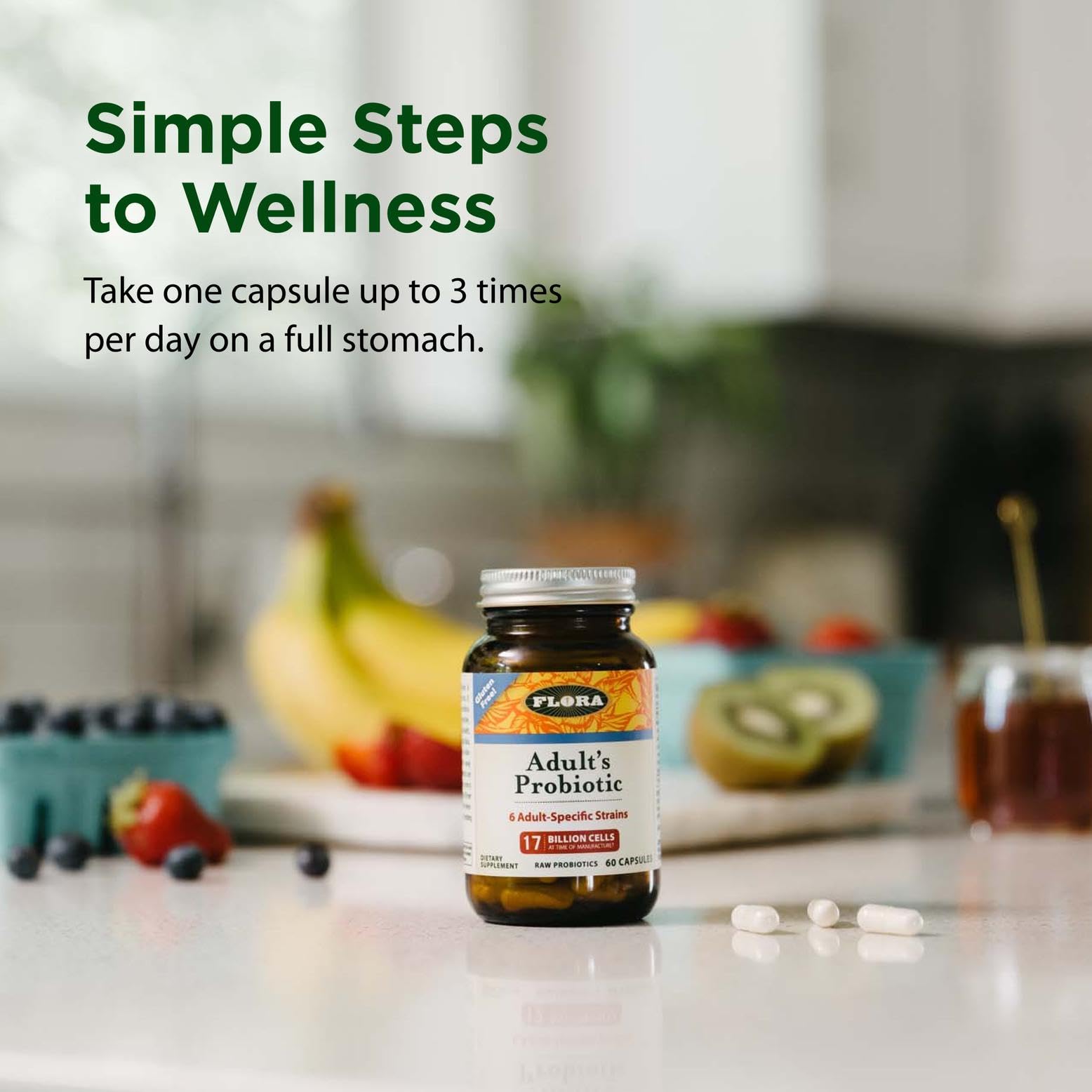 Flora Adults Probiotic ingredient blend emphasizes diverse strains.