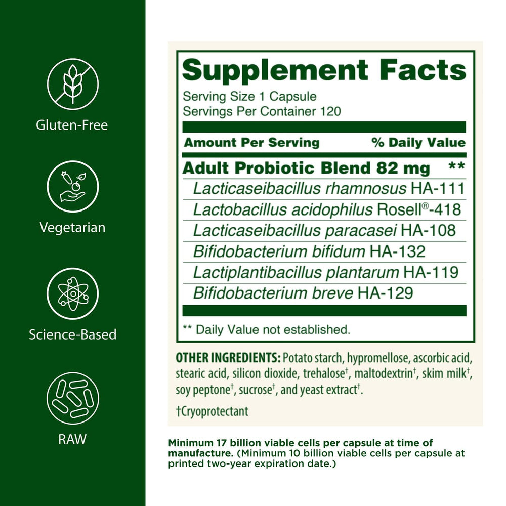 Flora Adults Probiotic label close-up highlights six strains and 17 billion CFU.