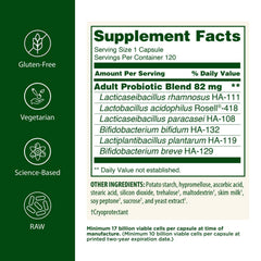 Flora Adults Probiotic label close-up highlights six strains and 17 billion CFU.