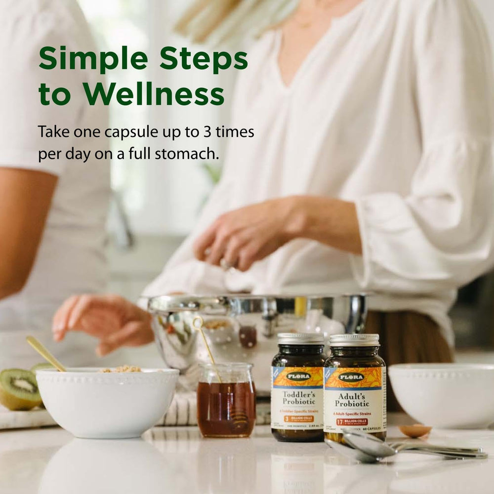 Flora Adults Probiotic vegetarian capsules for plant-based lifestyles.