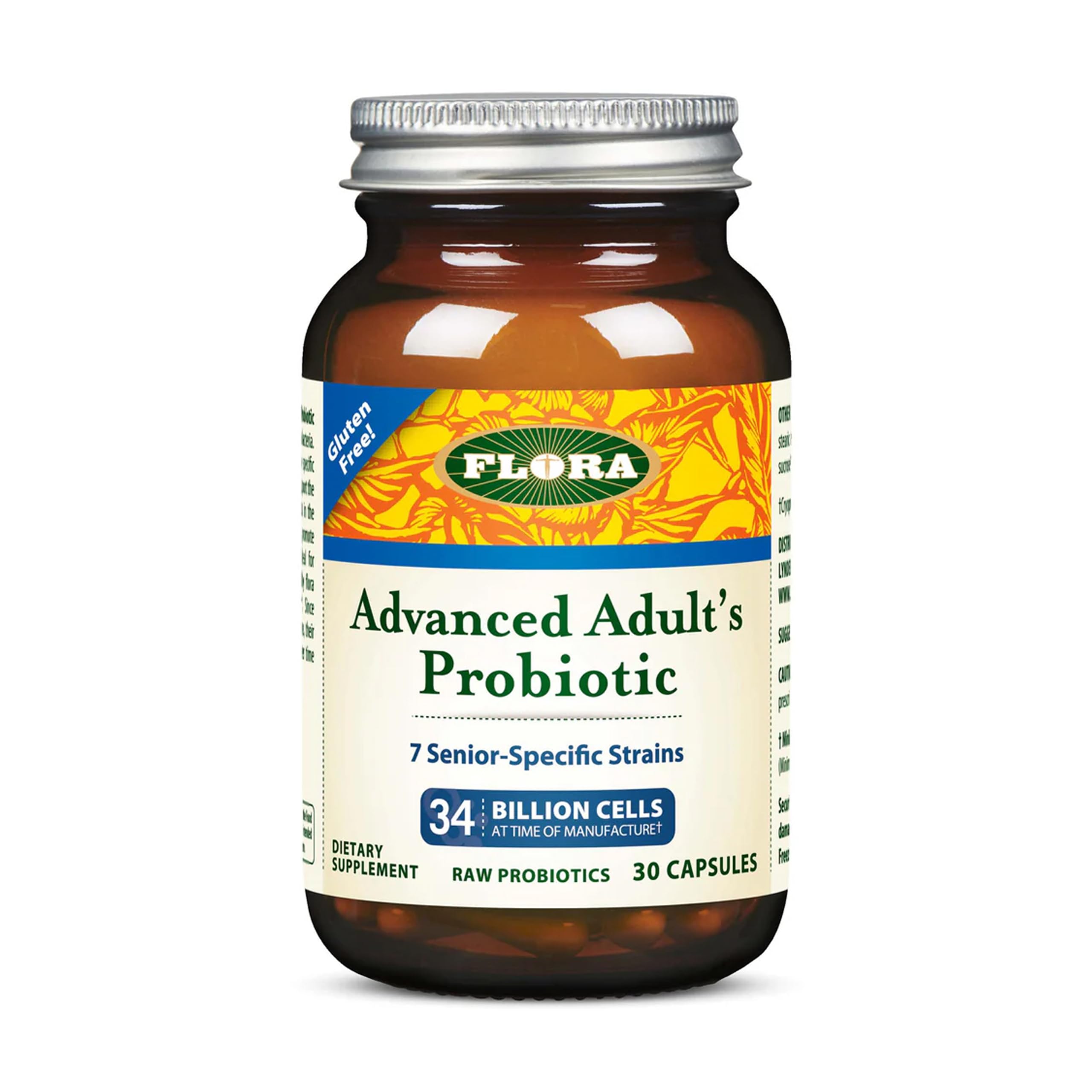 Flora Advanced Adults Blend probiotic bottle for daily gut balance in seniors.