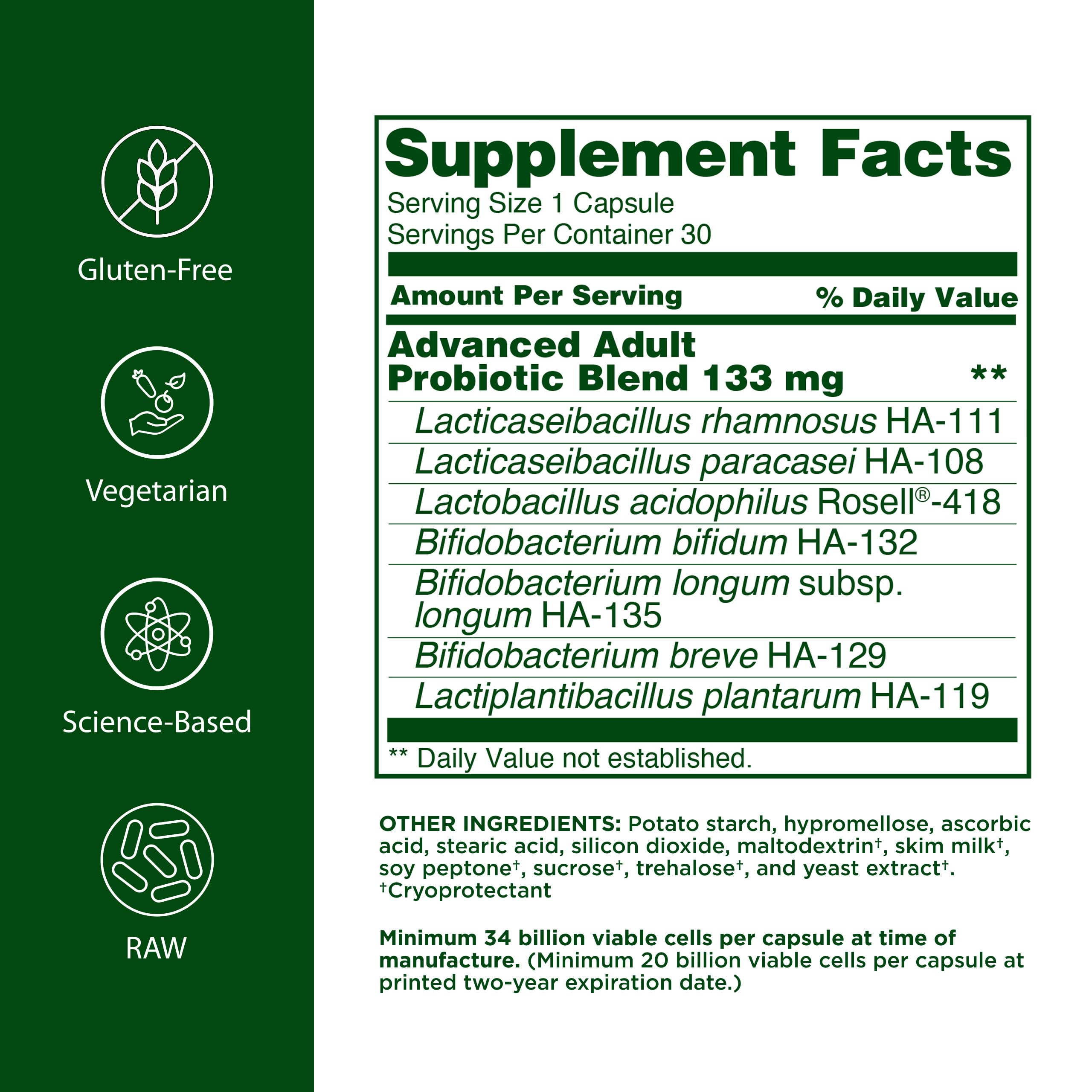 Flora Advanced Adults Blend capsules provide convenient daily digestive support.