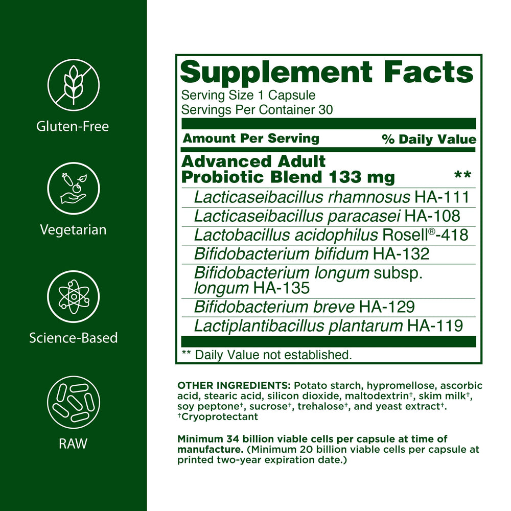 Flora Advanced Adults Blend capsules provide convenient daily digestive support.