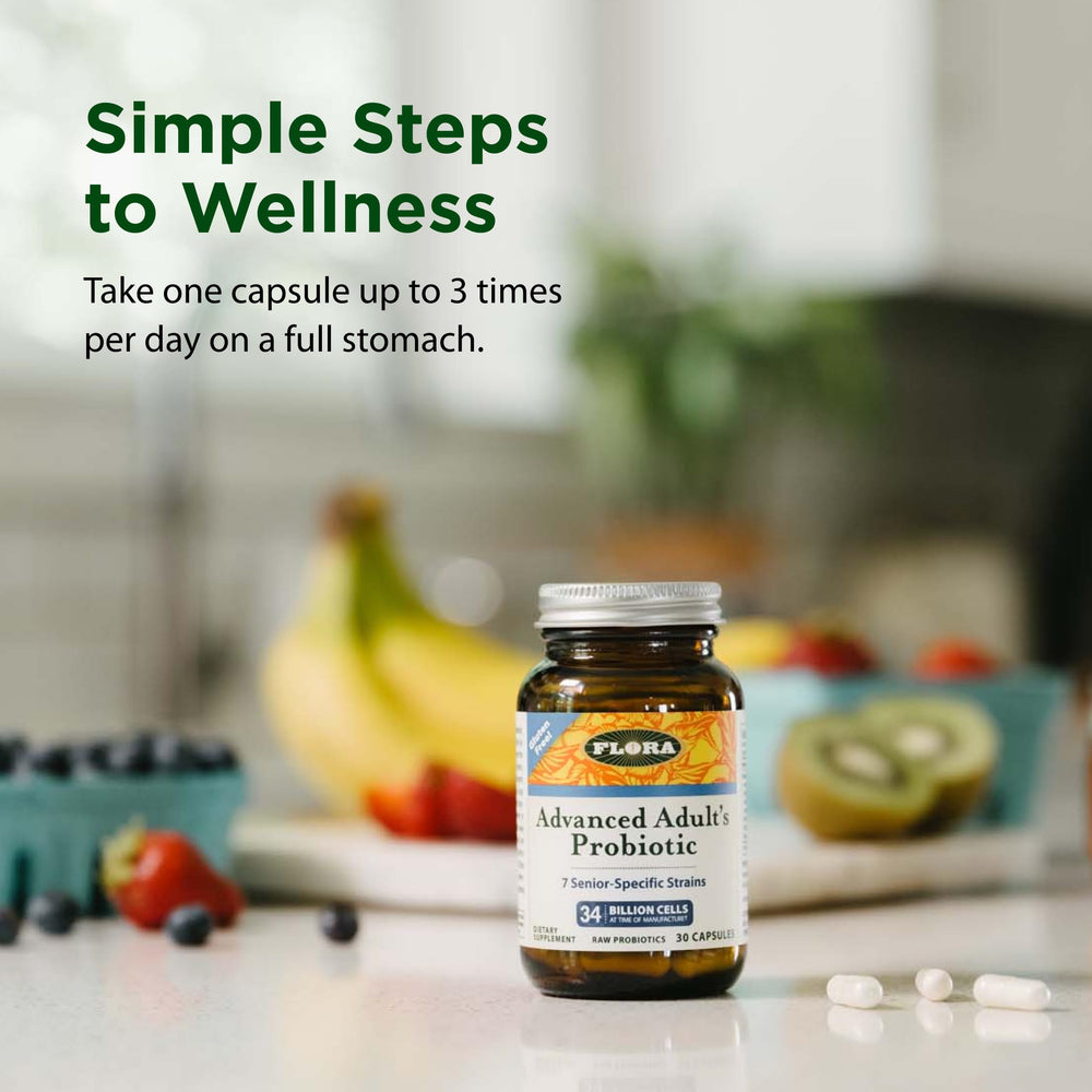 Senior enjoying improved comfort after meals with Flora probiotic.