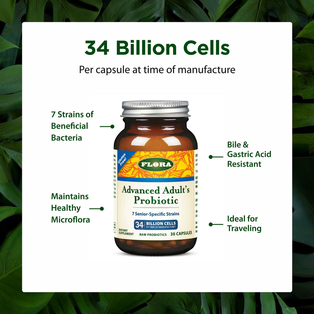 Flora probiotic packaging on shelf emphasizes senior-friendly probiotic blend.