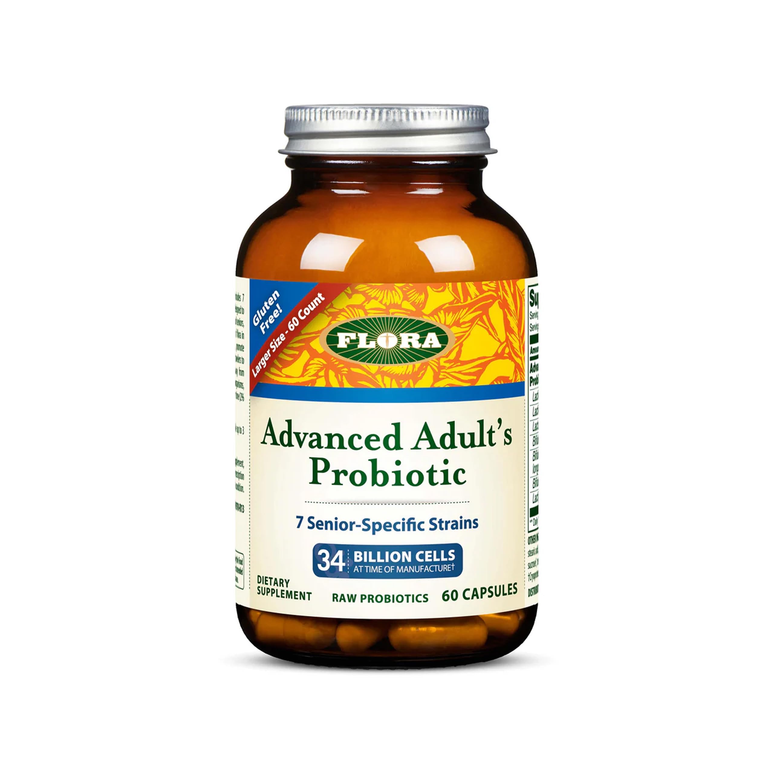 Flora Advanced Adults Probiotic bottle illustrating seven senior strains for gut balance.