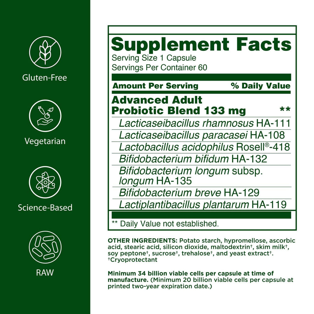 Flora Advanced Adults probiotic capsules closeup highlights convenient, daily support.
