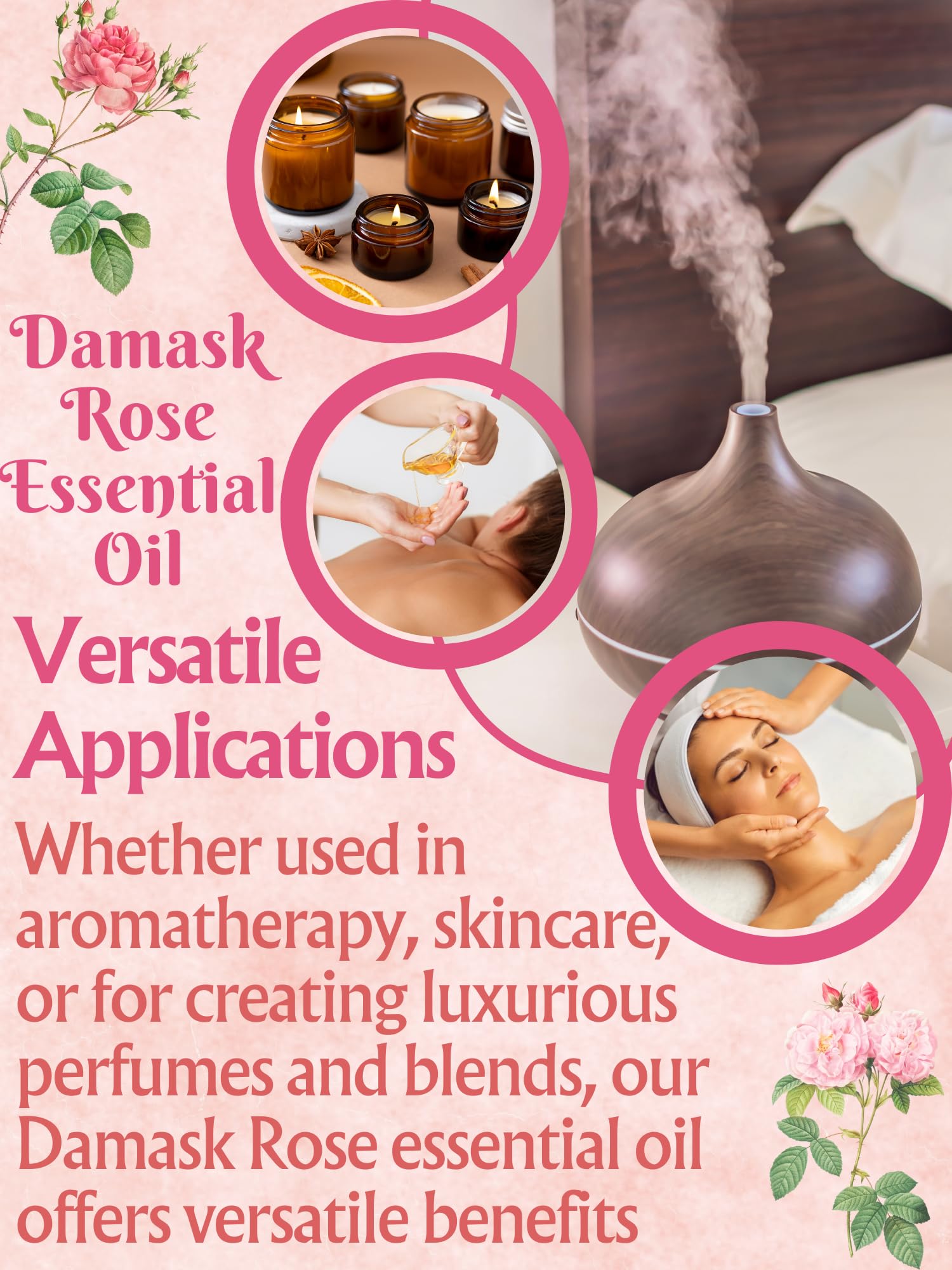 Flora Aromatics diffuser-ready rose oil for calming spaces.