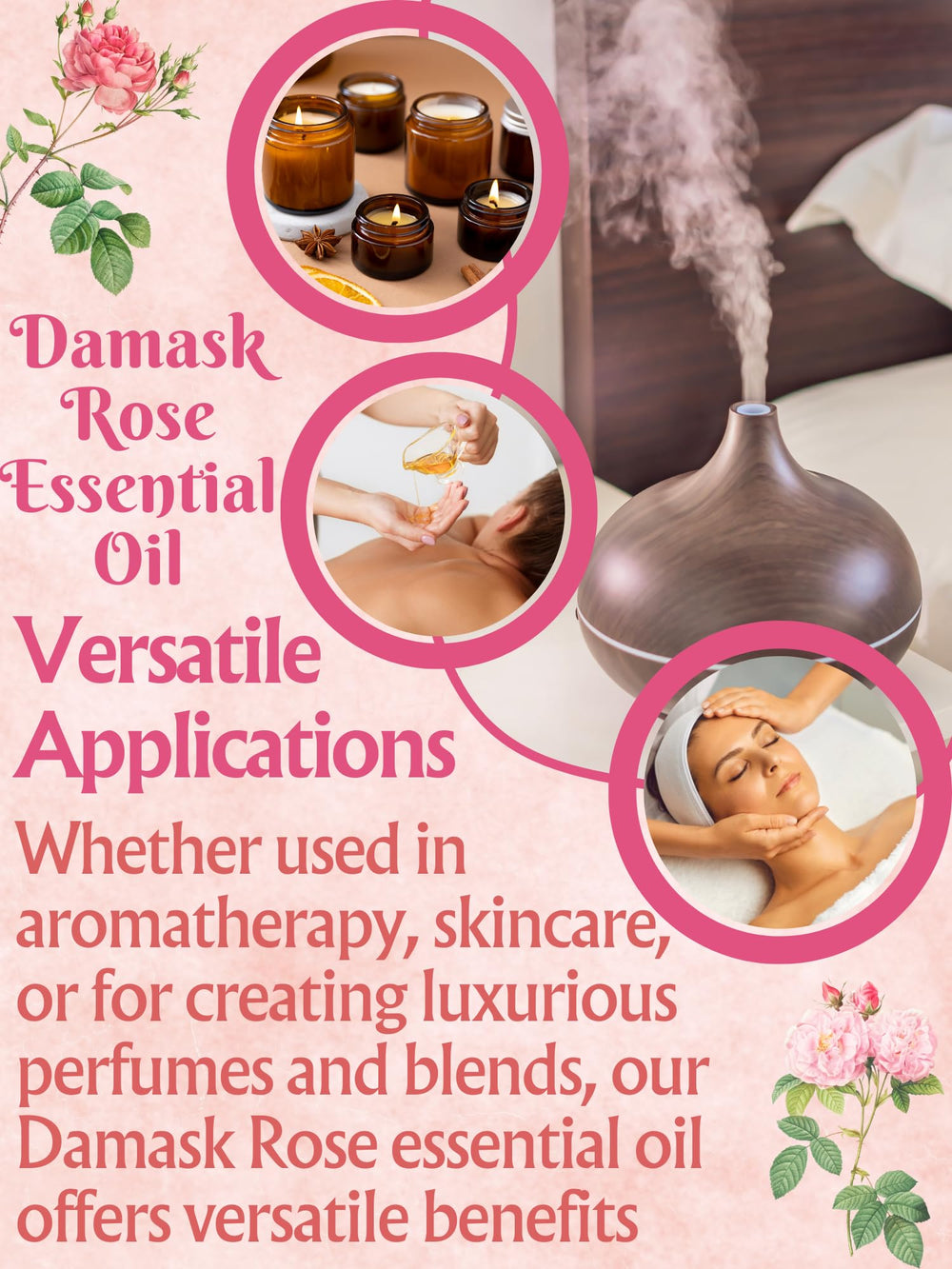 Flora Aromatics diffuser-ready rose oil for calming spaces.