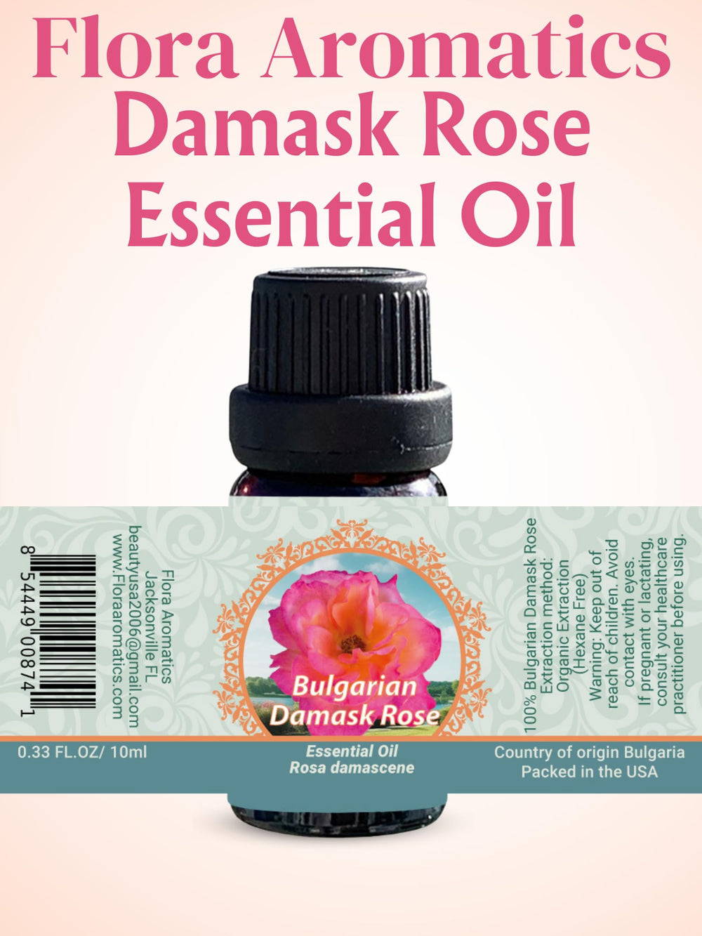 Flora Aromatics rose oil label shot showing purity cues.